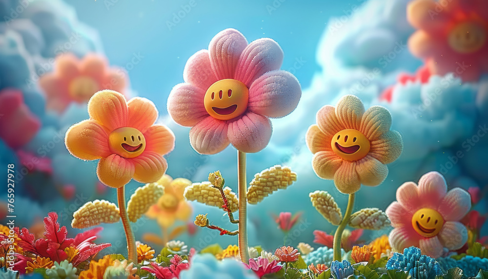 Cheerful plush toy flowers in vibrant, dreamy 3D scenery,generative ai Cheerful plush toy flowers in vibrant, dreamy 3D scenery,generative ai
