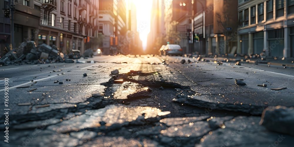 Impact of Earthquake Damage on City Streets: Traffic Issues and Safety Concerns. Concept Earthquake Damage, City Streets, Traffic Issues, Safety Concerns - obrazy, fototapety, plakaty 