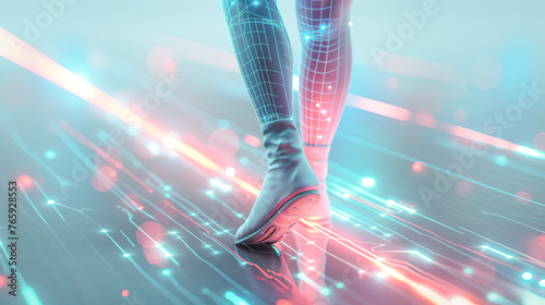 Digital representation of a person walking, highlighted with neon lights and cyber patterns, ideal for tech and innovation concepts © Gejsi
