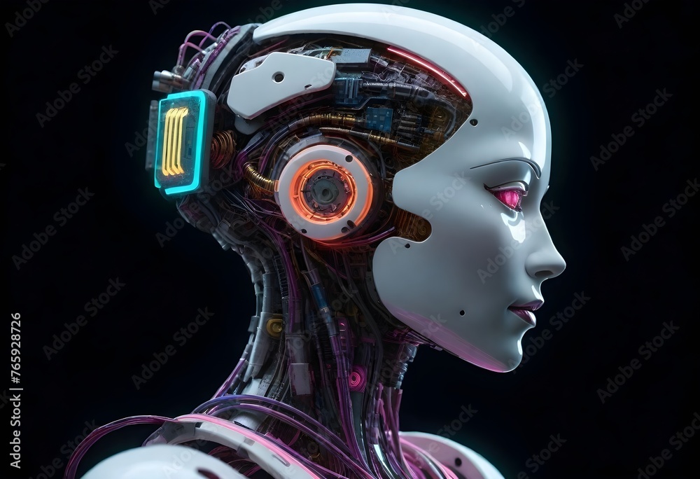 Female humanoid robot with exposed mechanical parts Female humanoid robot with exposed mechanical parts