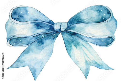 Blue dotted watercolor ribbon bow illustration, white background. Decorative element