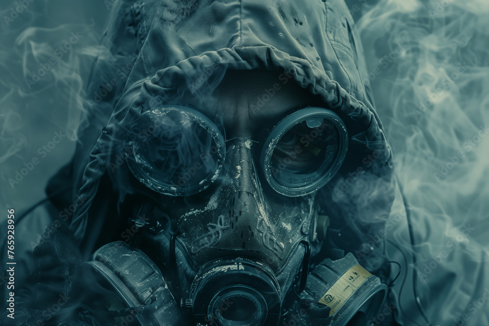 portrait of a man with a gas mask and an apocalyptic costume through smoke or fog. Concept of a global apocalyptic catastrophe portrait of a man with a gas mask and an apocalyptic costume through smoke or fog. Concept of a global apocalyptic catastrophe