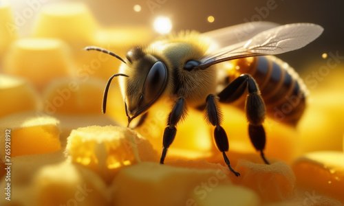 A bee regurgitates or deposits nectar, which turns into honey, into the honeycombs of its hive on a sunny spring or summer day photo