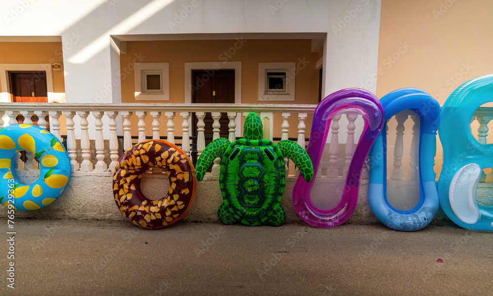 Fancy swim rings shops located in local market of Zante in the island of Zakynthos, Greece