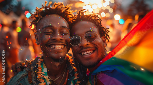 Two young black african American men lgbt couple hugging smiling holding lgbt rainbow big flag draped over shoulders at sunset beach party at summer