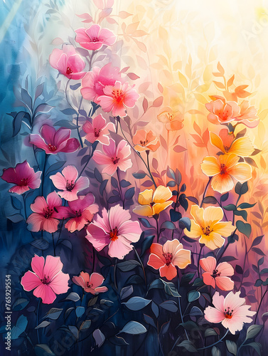 A vibrant floral painting depicting pink and yellow flowers against a dark backdrop, showcasing the beauty of nature through art and botanical elements