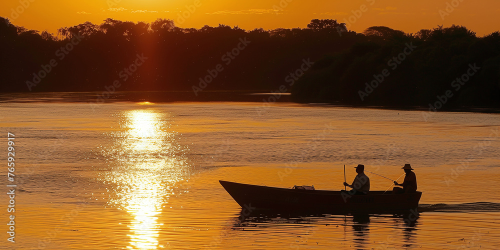 Anglers Fishing in Boat During Golden Hour on River