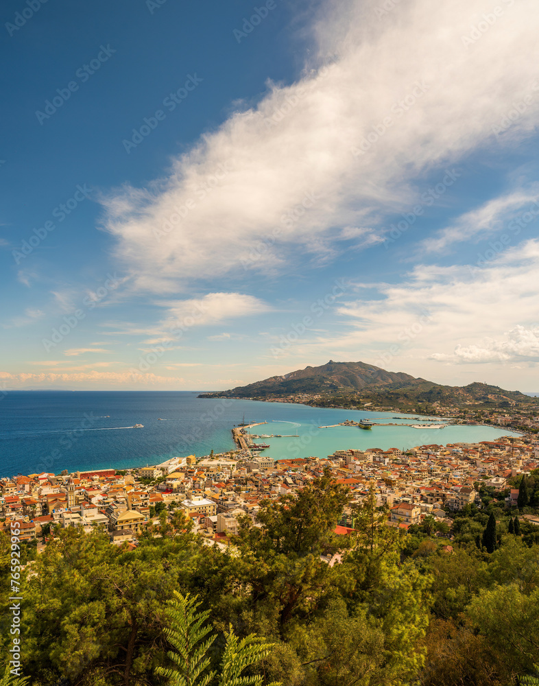 Landscape vertical view of a port harbor in the island of zante in zakynthos located in Greece