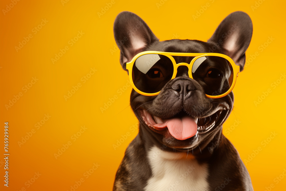 A cheerful French Bulldog wearing yellow sunglasses against an isolated yellow background. Generative AI