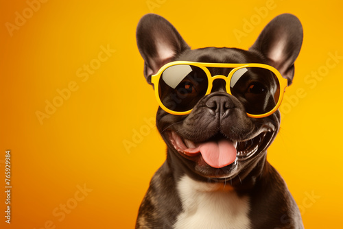 A cheerful French Bulldog wearing yellow sunglasses against an isolated yellow background. Generative AI © Positive Click