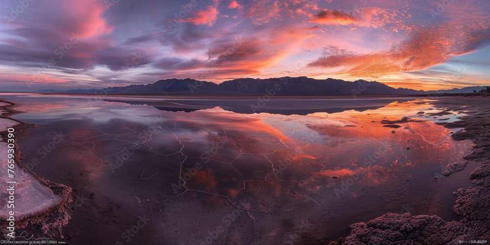 Vibrant Sunrise Over Salt Flats and Mountain Range Vibrant Sunrise Over Salt Flats and Mountain Range