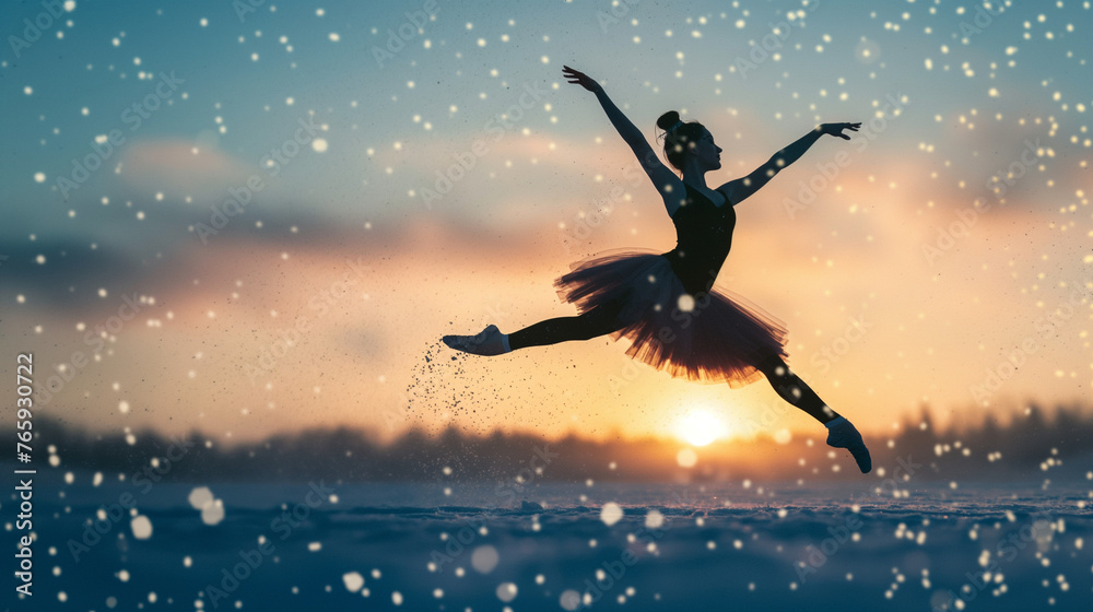 Delicate background with a ballerina during a snowfall