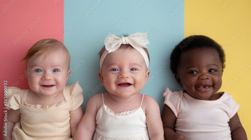 Cheerful babies of different ethnicities in diversity photo shoot on soft color background. Cheerful babies of different ethnicities in diversity photo shoot on soft color background.