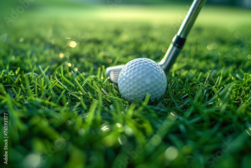 Golf ball and club in a tight shot on the grass