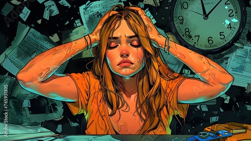 Conceptual illustration of a young blonde Caucasian woman stressed by work and exhausted pace of life today
