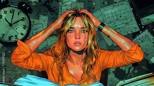 Conceptual illustration of a young blonde Caucasian woman stressed by work and exhausted pace of life today