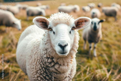 Inquisitive flock of sheep grazing in the field