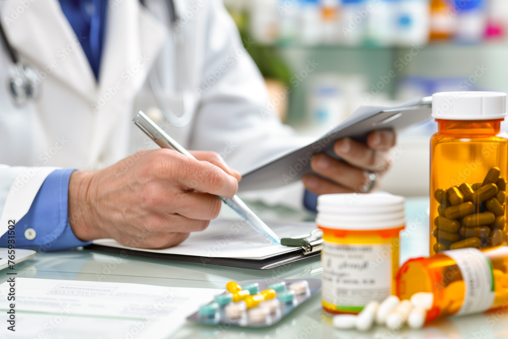 Doctor writing prescription in clinic Doctor writing prescription in clinic