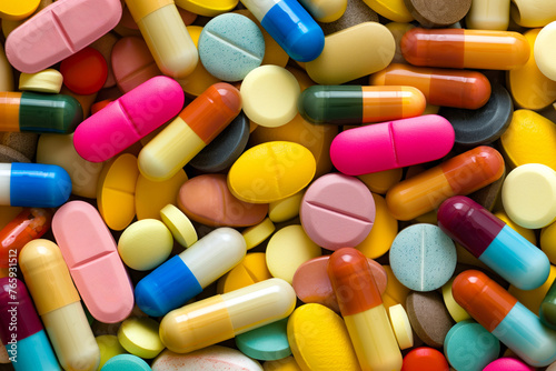 Colorful medication pills on yellow
