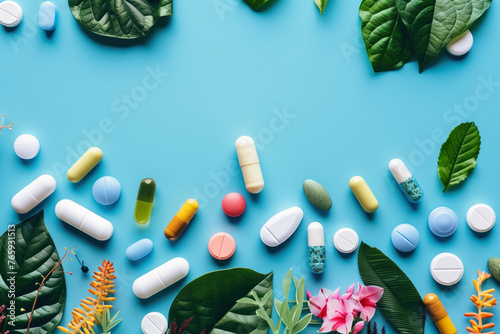 Medication and nature on blue backdrop