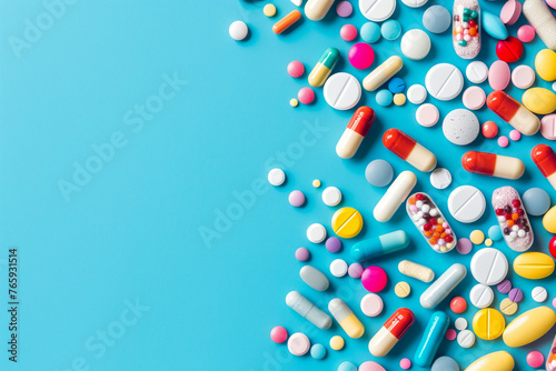 Colorful pills scattered on blue