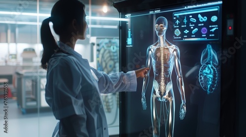 Healthcare provider studying holographic representation of human body on futuristic display