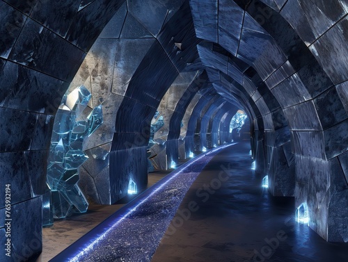 A hi-tech catacomb with glowing crystals embedded in the walls and ceiling 3D render