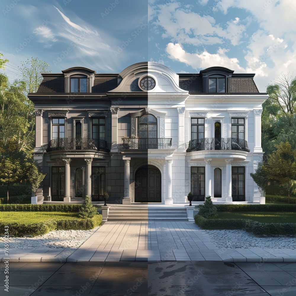 A stark contrast between a luxurious mansion and a modest home