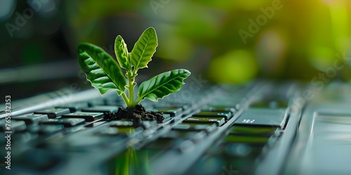 Green plant growing from laptop keyboard symbolizing sustainable computing and environmental impact reduction in information technology. Concept Sustainable Computing, Green Technology