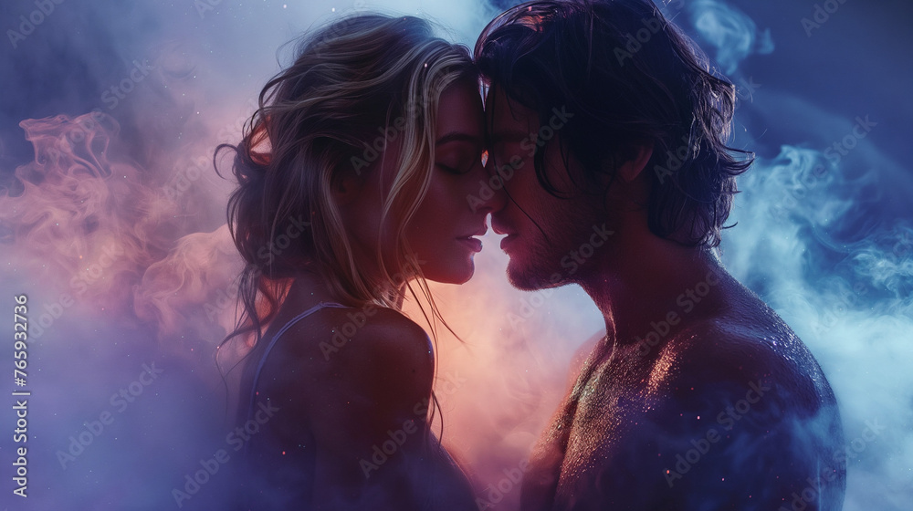 Couple embracing intimately amid glowing waves. Erotic dreams Couple embracing intimately amid glowing waves. Erotic dreams