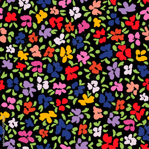 Cute retro flowers with leaves seamless repeat pattern on black background. Random placed, vector botany aop, all over surface print.