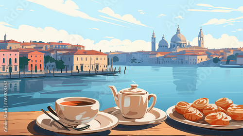 Illustration en flat design d'un paysage de Venise, Italie. Vue sur les canaux de la ville et la basilique San Marco. Table avec pâtisseries et café. Pour conception et création graphique. photo