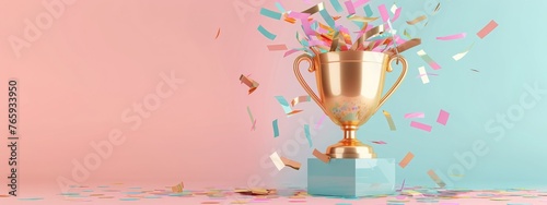 Gold championship trophy cup with festive multicolored flying confetti on flat pink color. Cute 3D icon in a cartoon plastic style in pastel colors. 3d rendering illustration imitation.