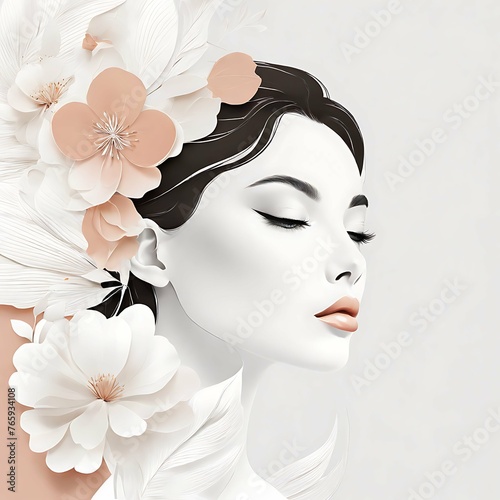 Abstract female face in one line. Woman face with flowers Surreal Line art female floral girl. Minimalism Abstract modern Continuous single line woman face portrait © MuneerGand