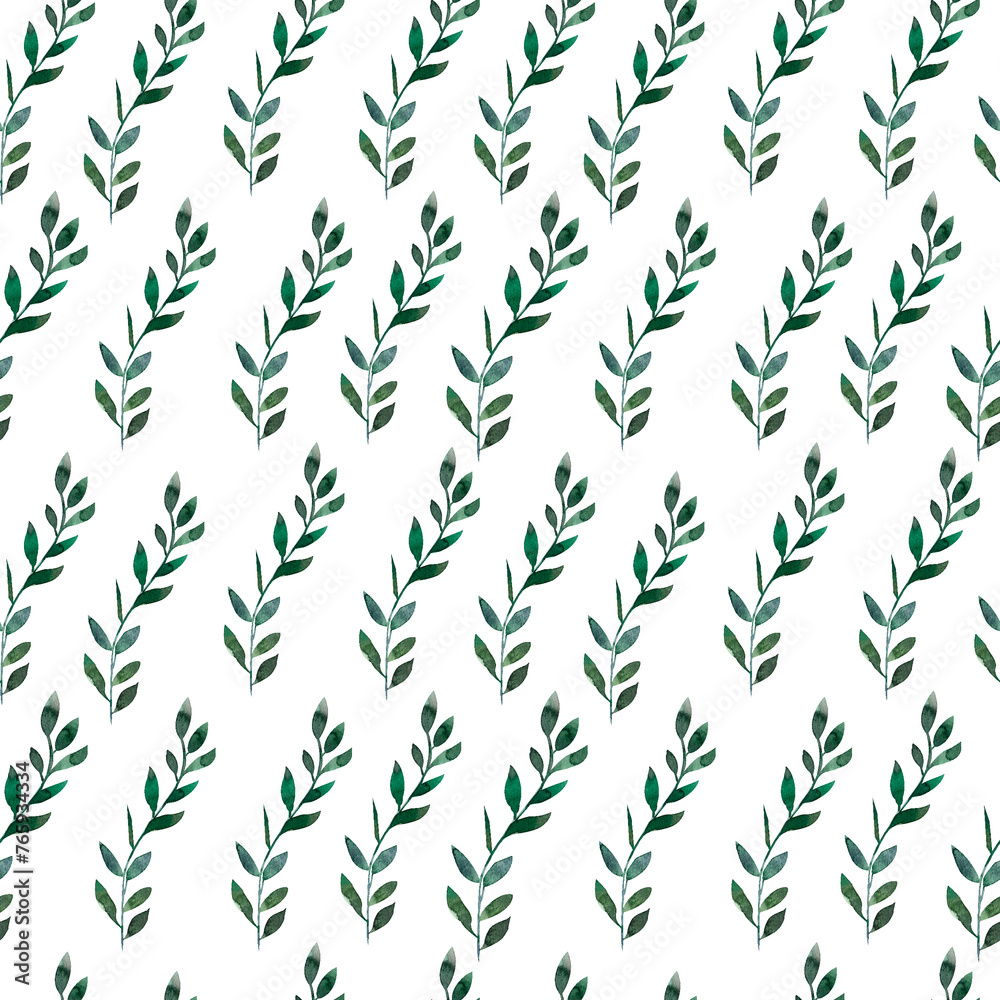 A pattern of green leaves. Watercolor seamless pattern highlighted on a white background,summer fresh foliage A pattern of green leaves. Watercolor seamless pattern highlighted on a white background,summer fresh foliage