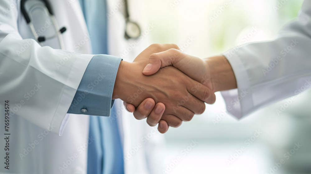 handshake between two professional doctors symbol of work together. handshake between two professional doctors symbol of work together.