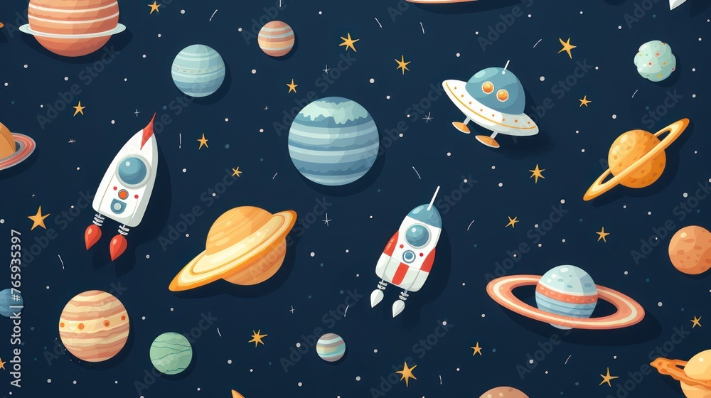 Solar system illustration design with star clusters and satellites, on a dark sky background. Solar system illustration design with star clusters and satellites, on a dark sky background.