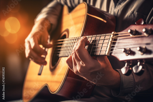 Soulful Guitar Melody: Close-Up of Hands Strumming Strings, Warm Lighting, Intimate Atmosphere, with Natural Background Blur. photo