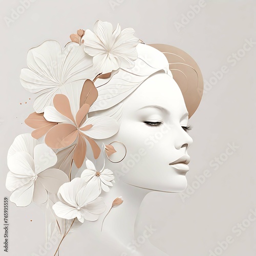 Abstract female face in one line. Woman face with flowers Surreal Line art female floral girl. Minimalism Abstract modern Continuous single line woman face portrait  © MuneerGand