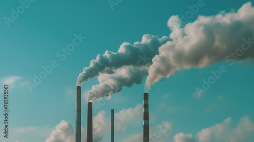 Thick smoke belching from factory chimneys against a blue sky  photo
