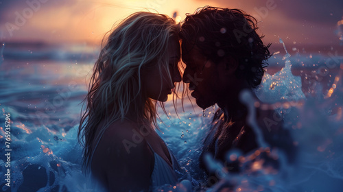 Couple kissing in water at sunset.