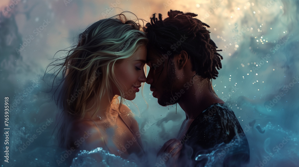 Couple embracing intimately amid glowing waves. Erotic dreams - obrazy, fototapety, plakaty 
