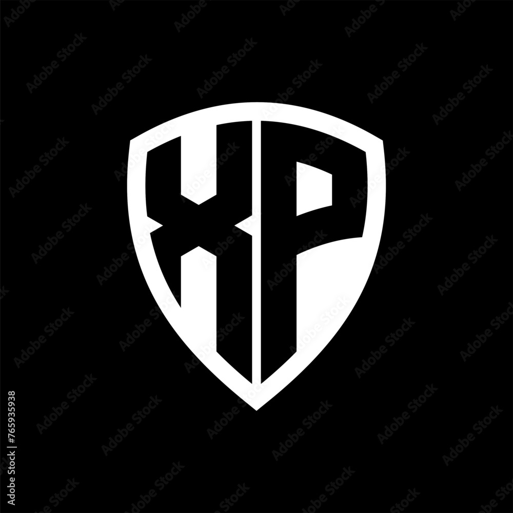 XP monogram logo with bold letters shield shape with black and white color design XP monogram logo with bold letters shield shape with black and white color design