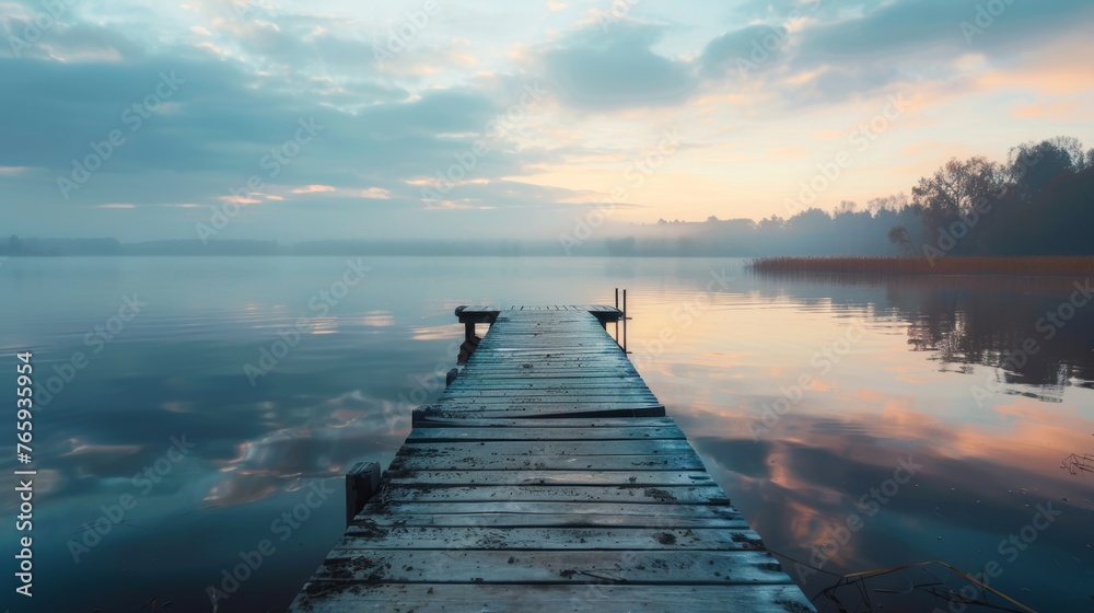Fototapeta premium Wooden jetty on a lake at sunrise in the morning.