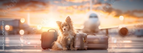 Illustration of dogs and cats on vacation, equipped with suitcases and bags, ready to board a plane at an airport terminal gate - Concept of pet travel and animal-friendly tourism
 photo