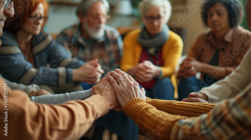 Supportive Community Circle: Photorealistic Image of Diverse Faces Joining Hands in Hopeful Support Group, Expressing Determination to Overcome Addiction in Community Center Setting.