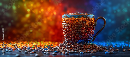 Dynamic Coffee Beans Pouring into Cup with Colorful Backdrop - Creative Food Concept AI-Generated"