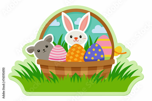 die cut sticker, white background, beautiful Easter basket with eggs and bunnies on the green grass