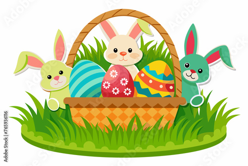 die cut sticker, white background, beautiful Easter basket with eggs and bunnies on the green grass