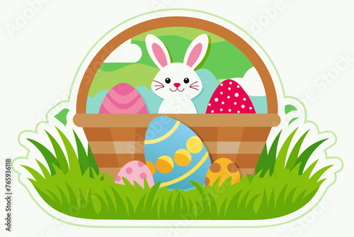 die cut sticker, white background, beautiful Easter basket with eggs and bunnies on the green grass